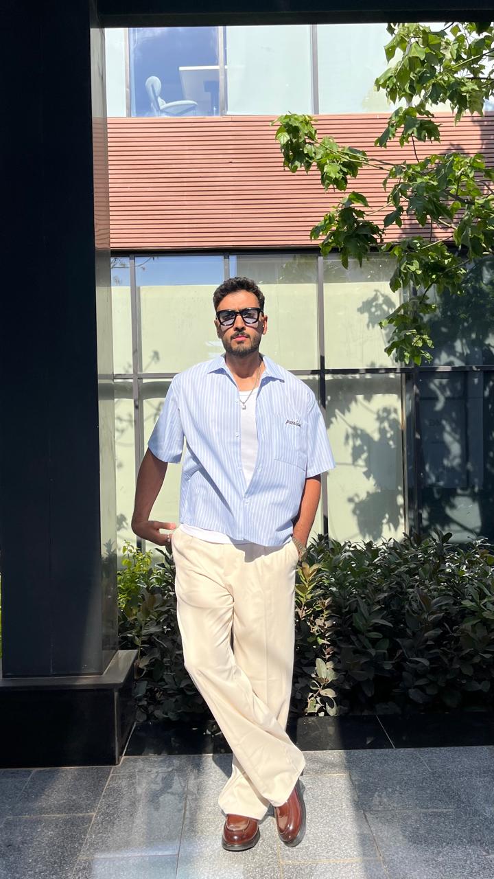 baby blue -striped shirt
