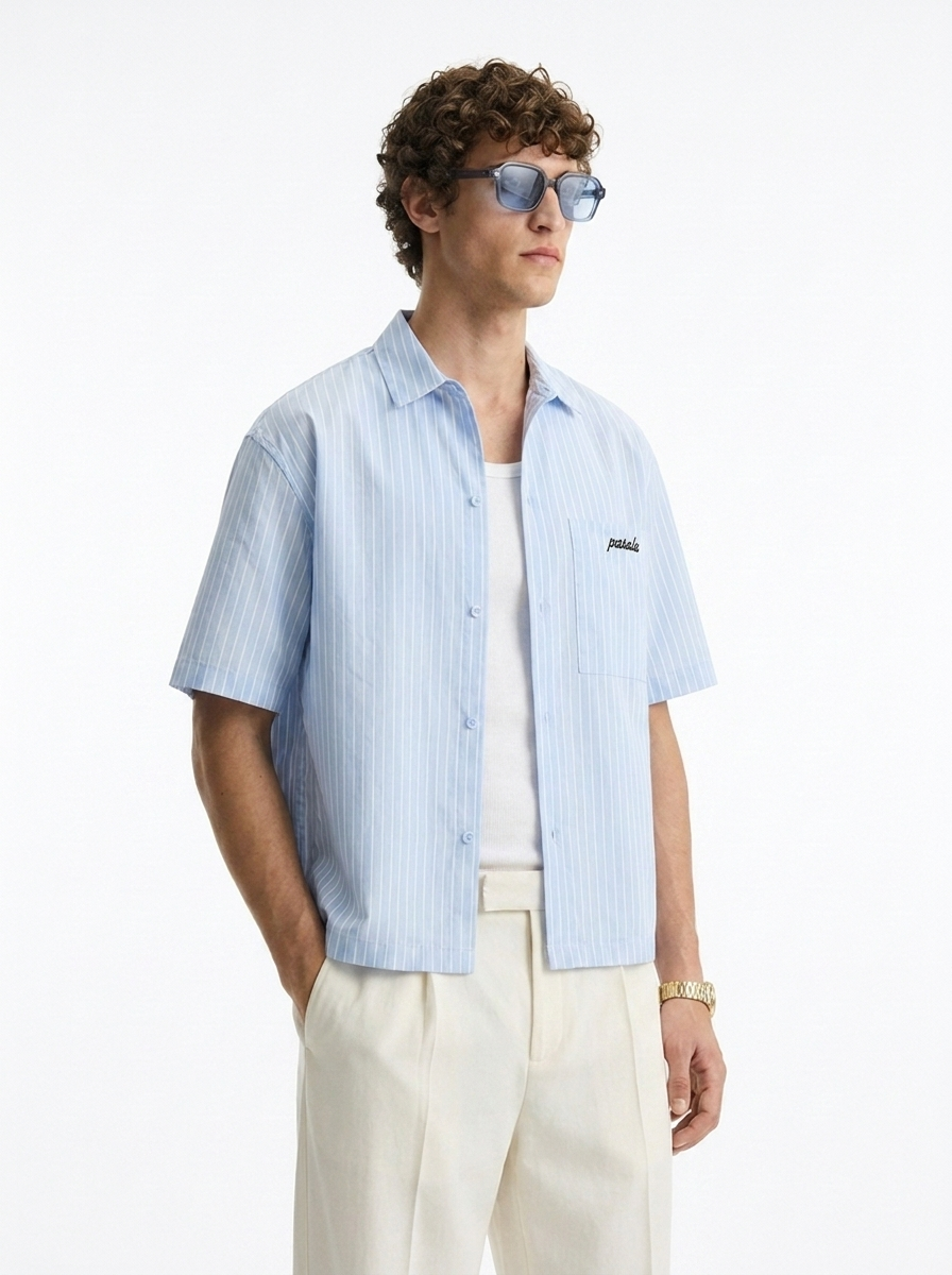 baby blue -striped shirt