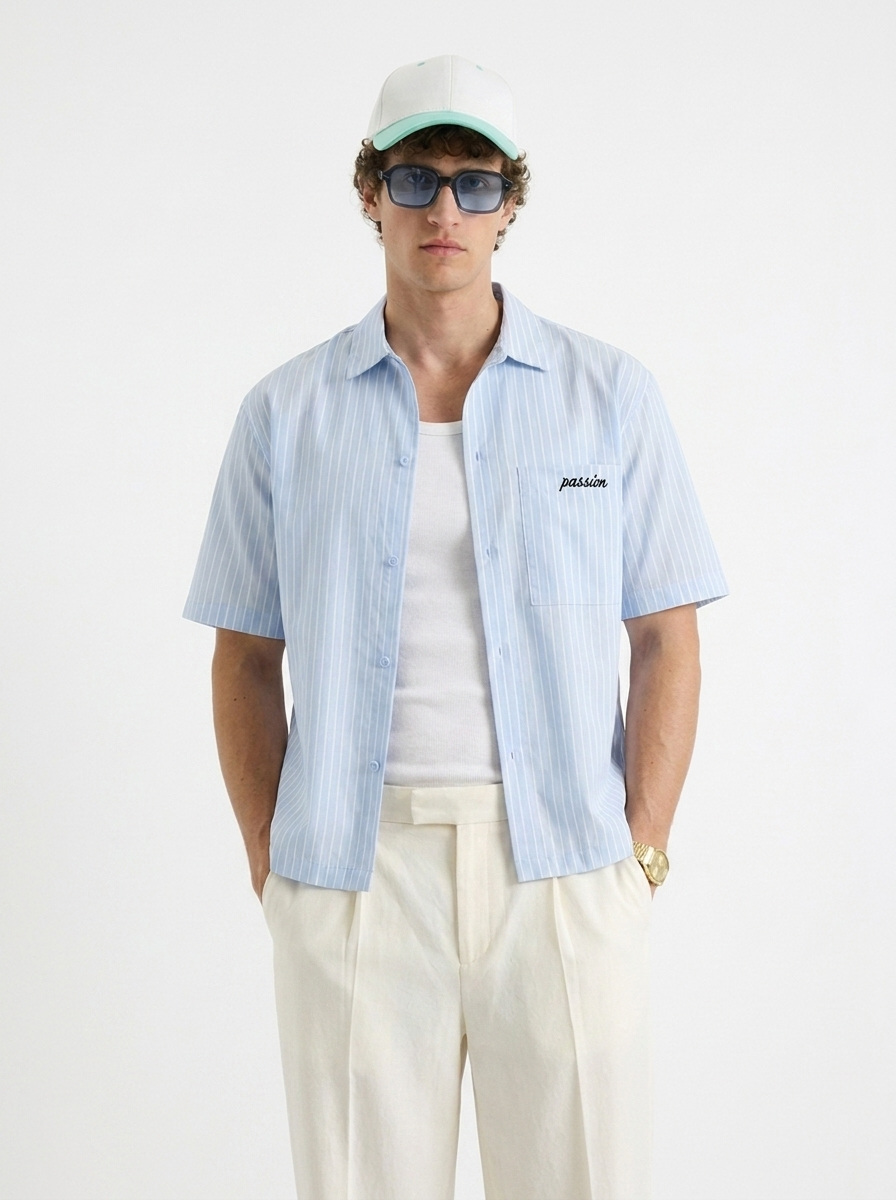 baby blue -striped shirt