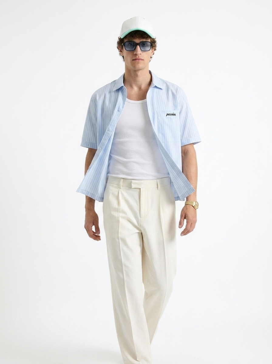 baby blue -striped shirt